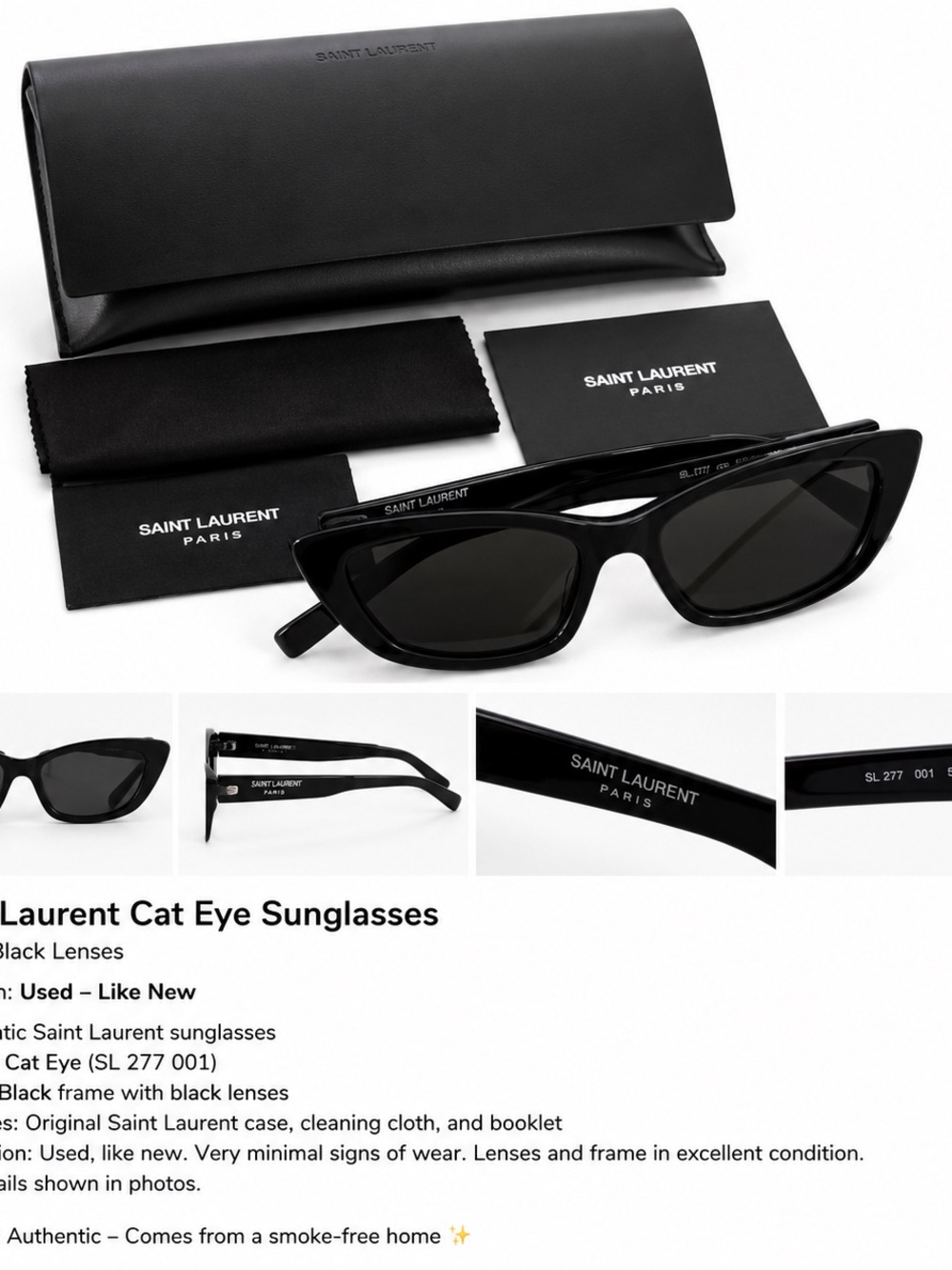 Saint Laurent Black Cat-Eye Sunglasses with Black Lenses - Picture 1 of 2